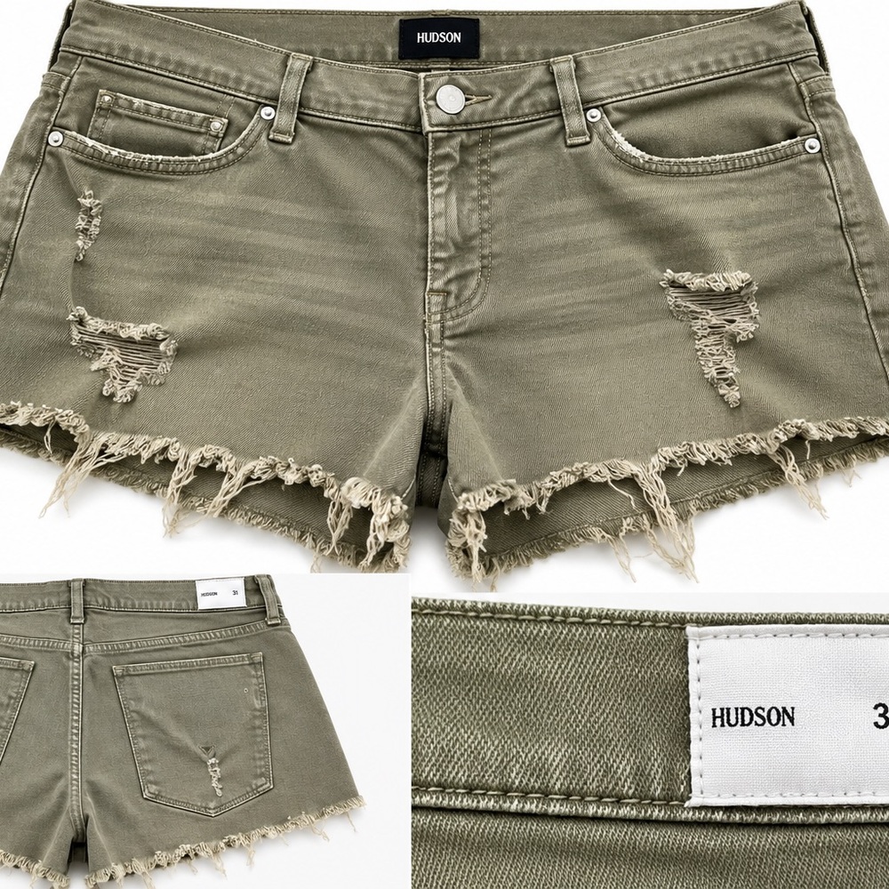 Hudson Jeans Olive Green Distressed Frayed-Hem Denim Shorts - Picture 1 of 1